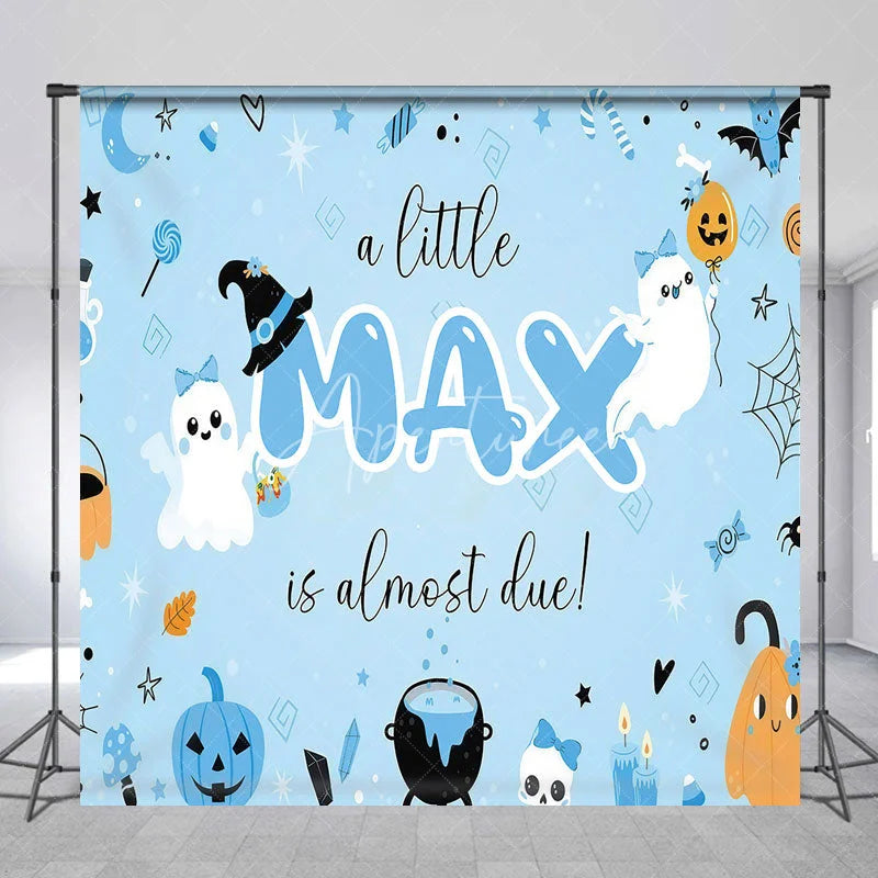 Aperturee - Aperturee Personalized Light Blue Halloween Baby Shower Custom Backdrop Cute Ghosts and Pumpkins for Little One Due