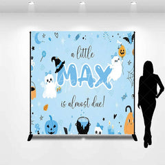 Aperturee - Aperturee Personalized Light Blue Halloween Baby Shower Custom Backdrop Cute Ghosts and Pumpkins for Little One Due