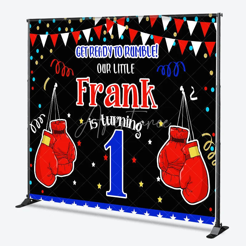 Aperturee - Aperturee Personalized Little Champ First Birthday Backdrop Boxing Theme with Red Gloves Custom Name Main Event Party