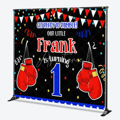Aperturee - Aperturee Personalized Little Champ First Birthday Backdrop Boxing Theme with Red Gloves Custom Name Main Event Party