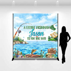 Aperturee - Aperturee Personalized Little Fisherman Baby Shower Backdrop Custom Name Gone Fishing Lake Party Banner