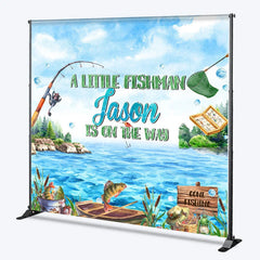 Aperturee - Aperturee Personalized Little Fisherman Baby Shower Backdrop Custom Name Gone Fishing Lake Party Banner