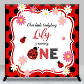 Aperturee - Aperturee Personalized Little Ladybug First Birthday Backdrop Red and Black Polka Dot Theme Custom Name Party Decor for Girl