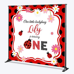 Aperturee - Aperturee Personalized Little Ladybug First Birthday Backdrop Red and Black Polka Dot Theme Custom Name Party Decor for Girl