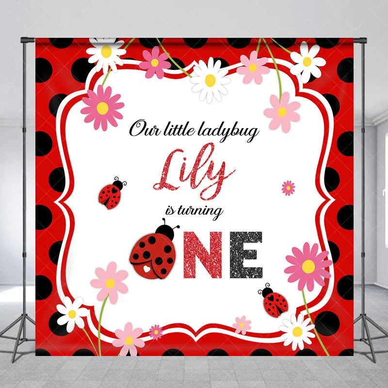 Aperturee - Aperturee Personalized Little Ladybug First Birthday Backdrop Red and Black Polka Dot Theme Custom Name Party Decor for Girl