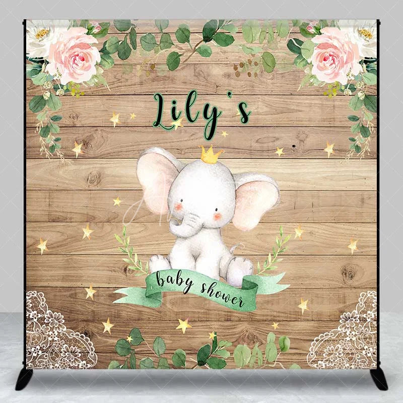 Aperturee - Aperturee Personalized Little Peanut Elephant Wood Backdrop Royal Floral Baby Shower Party Decoration