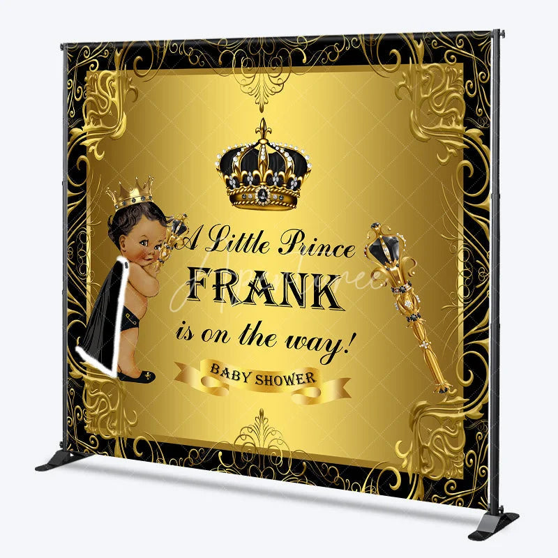 Aperturee - Aperturee Personalized Little Prince Baby Shower Backdrop Royal Black and Gold Crown African American Boy Decor