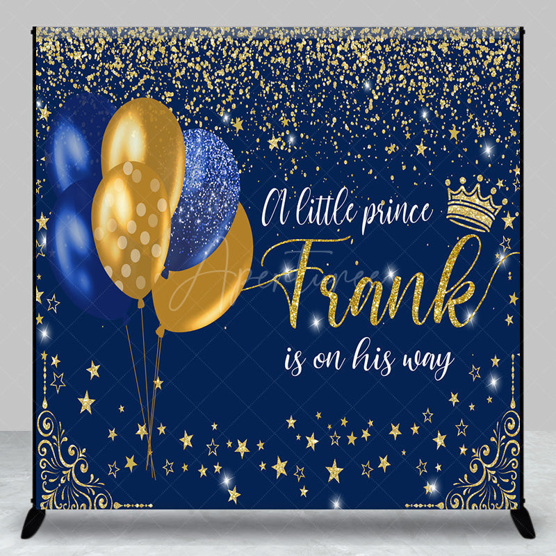 Aperturee - Aperturee Personalized Little Prince Baby Shower Backdrop Royal Blue and Gold Glitter Stars Theme Custom Name Party Decor