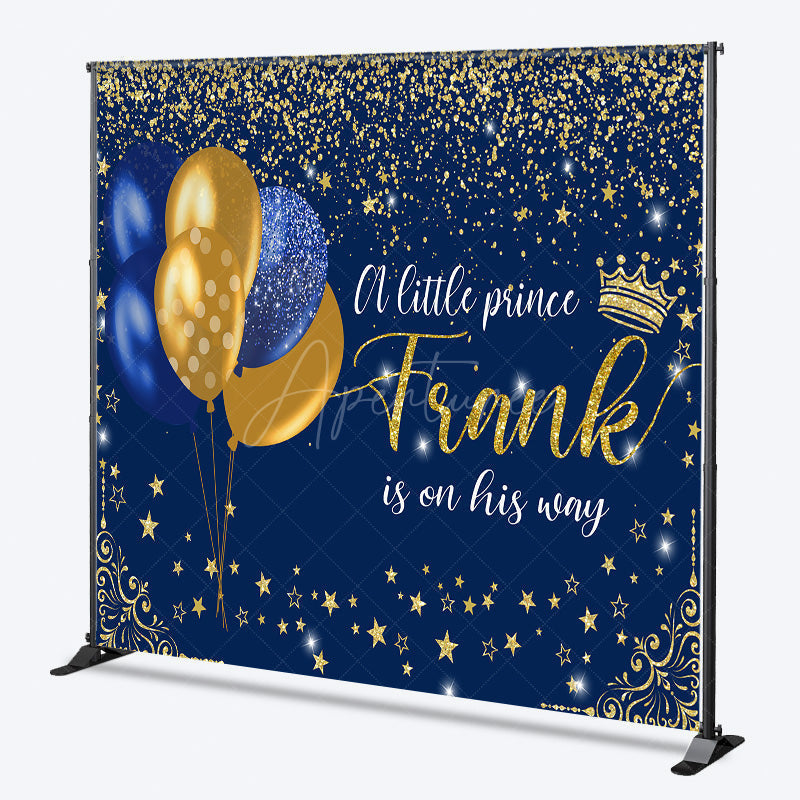Aperturee - Aperturee Personalized Little Prince Baby Shower Backdrop Royal Blue and Gold Glitter Stars Theme Custom Name Party Decor