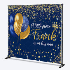 Aperturee - Aperturee Personalized Little Prince Baby Shower Backdrop Royal Blue and Gold Glitter Stars Theme Custom Name Party Decor