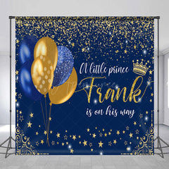 Aperturee - Aperturee Personalized Little Prince Baby Shower Backdrop Royal Blue and Gold Glitter Stars Theme Custom Name Party Decor