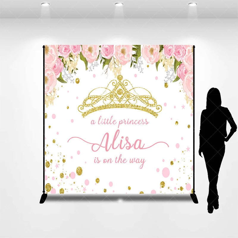 Aperturee - Aperturee Personalized Little Princess Baby Shower Backdrop Pink and Gold Floral Crown Girl Party Decor