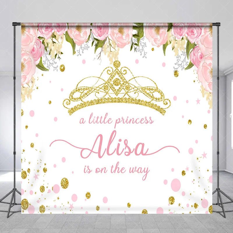 Aperturee - Aperturee Personalized Little Princess Baby Shower Backdrop Pink and Gold Floral Crown Girl Party Decor