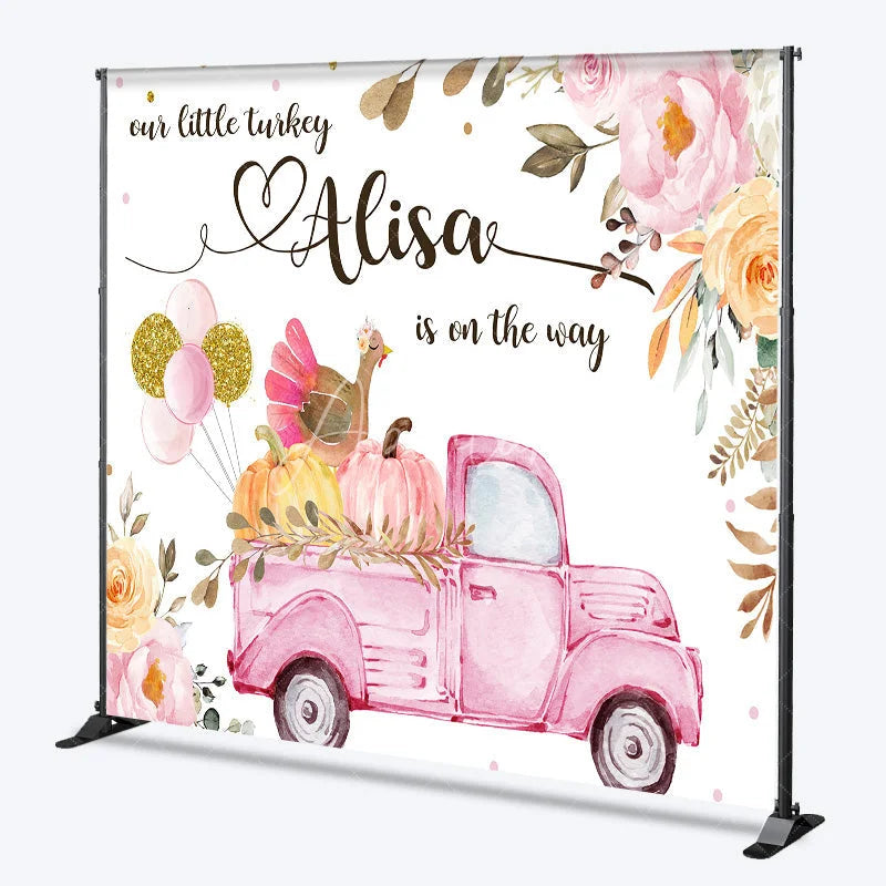 Aperturee - Aperturee Personalized Little Turkey Baby Shower Backdrop Pink Truck Pumpkin Fall Floral Girl Party Decor