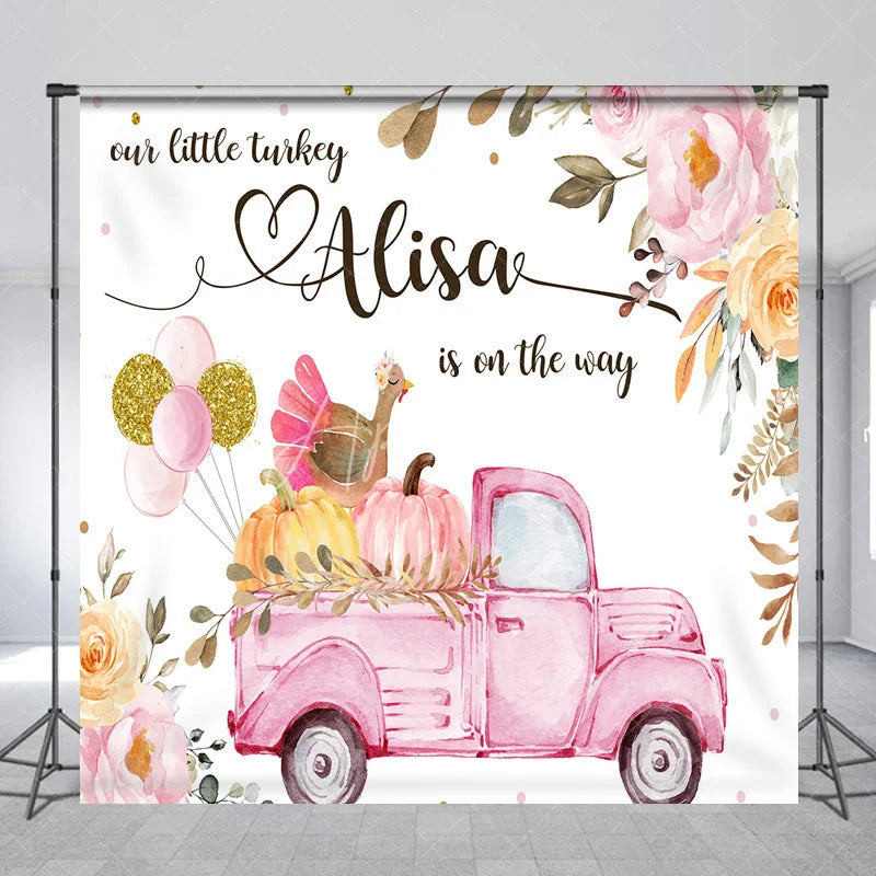 Aperturee - Aperturee Personalized Little Turkey Baby Shower Backdrop Pink Truck Pumpkin Fall Floral Girl Party Decor