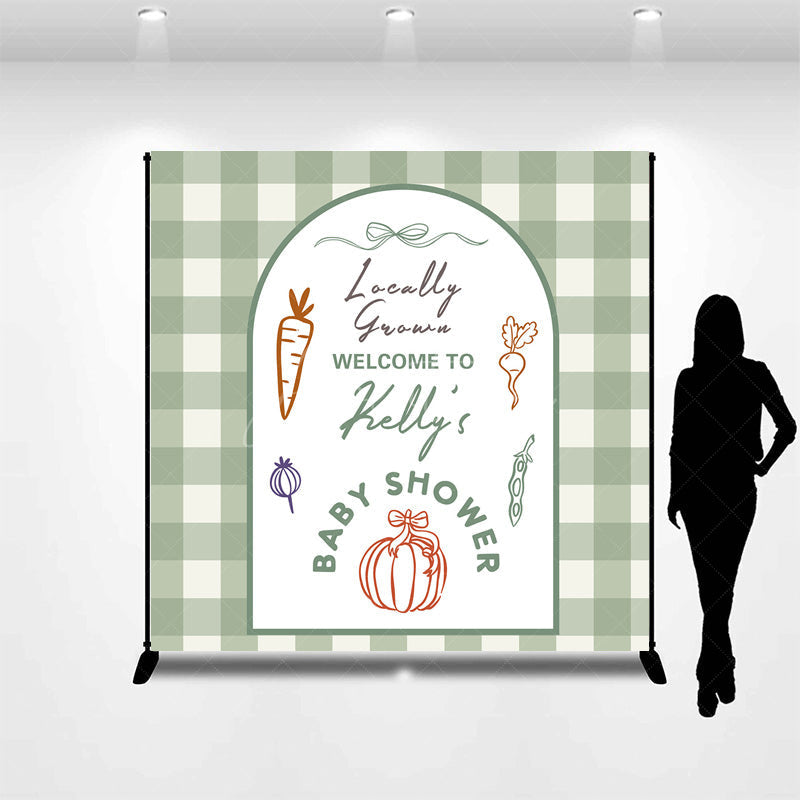 Aperturee - Aperturee Personalized Locally Grown Baby Shower Arch Backdrop Sage Green Gingham Farmer’s Market Theme Custom Name Party Decor
