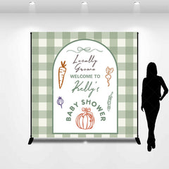Aperturee - Aperturee Personalized Locally Grown Baby Shower Arch Backdrop Sage Green Gingham Farmer’s Market Theme Custom Name Party Decor