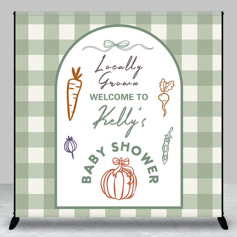 Aperturee - Aperturee Personalized Locally Grown Baby Shower Arch Backdrop Sage Green Gingham Farmer’s Market Theme Custom Name Party Decor