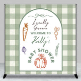 Aperturee - Aperturee Personalized Locally Grown Baby Shower Arch Backdrop Sage Green Gingham Farmer’s Market Theme Custom Name Party Decor