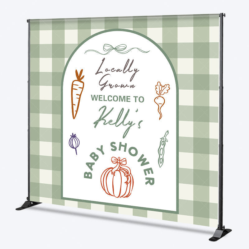 Aperturee - Aperturee Personalized Locally Grown Baby Shower Arch Backdrop Sage Green Gingham Farmer’s Market Theme Custom Name Party Decor