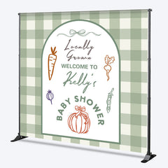 Aperturee - Aperturee Personalized Locally Grown Baby Shower Arch Backdrop Sage Green Gingham Farmer’s Market Theme Custom Name Party Decor