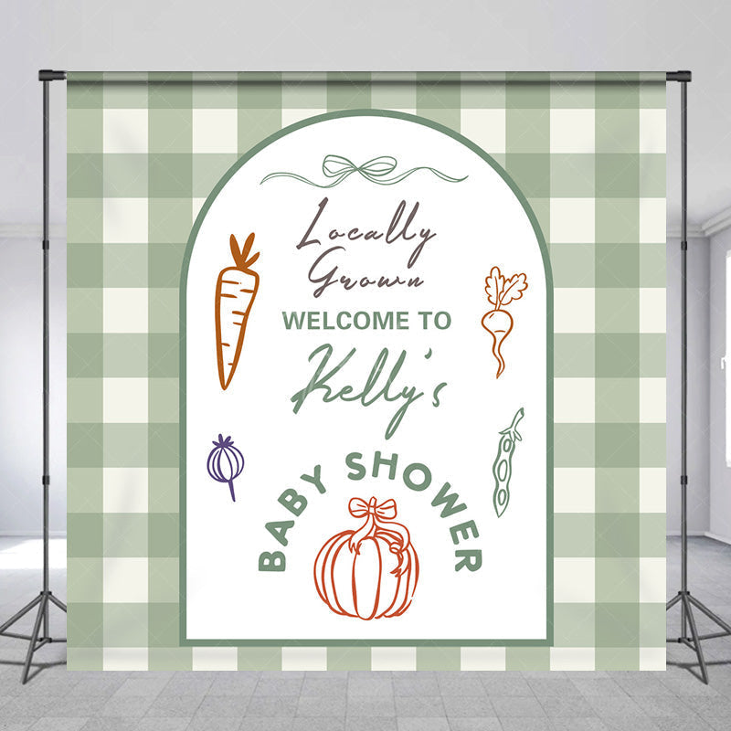 Aperturee - Aperturee Personalized Locally Grown Baby Shower Arch Backdrop Sage Green Gingham Farmer’s Market Theme Custom Name Party Decor