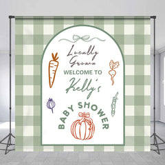 Aperturee - Aperturee Personalized Locally Grown Baby Shower Arch Backdrop Sage Green Gingham Farmer’s Market Theme Custom Name Party Decor