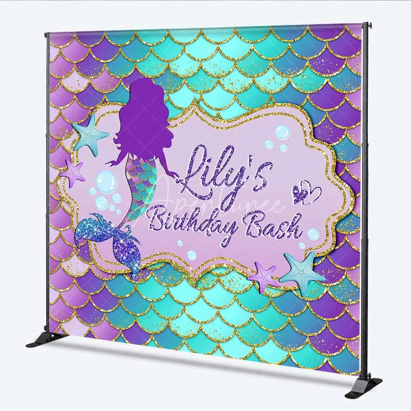 Aperturee - Aperturee Personalized Mermaid Custom Birthday Backdrop Purple Teal Gold Scales Girls Party Photography Background