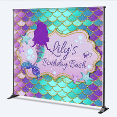 Aperturee - Aperturee Personalized Mermaid Custom Birthday Backdrop Purple Teal Gold Scales Girls Party Photography Background