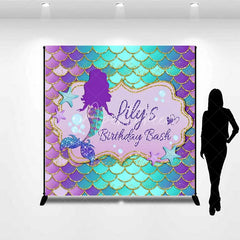 Aperturee - Aperturee Personalized Mermaid Custom Birthday Backdrop Purple Teal Gold Scales Girls Party Photography Background