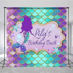 Aperturee - Aperturee Personalized Mermaid Custom Birthday Backdrop Purple Teal Gold Scales Girls Party Photography Background