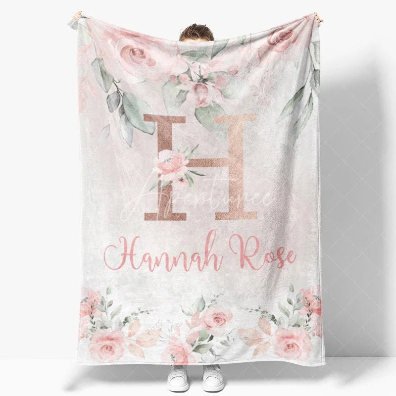 Aperturee - Aperturee Personalized Monogram Blanket for Girl Custom Initial H Pink Rose Floral Nursery Decor Swaddle