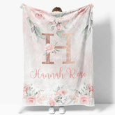 Aperturee - Aperturee Personalized Monogram Blanket for Girl Custom Initial H Pink Rose Floral Nursery Decor Swaddle