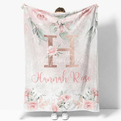Aperturee - Aperturee Personalized Monogram Blanket for Girl Custom Initial H Pink Rose Floral Nursery Decor Swaddle