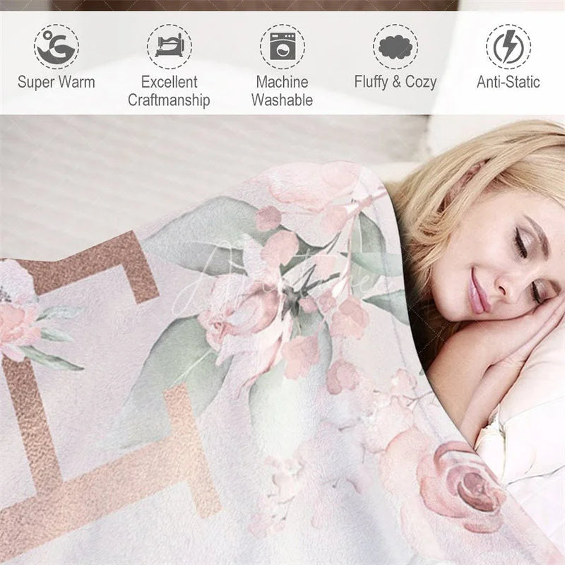 Aperturee - Aperturee Personalized Monogram Blanket for Girl Custom Initial H Pink Rose Floral Nursery Decor Swaddle