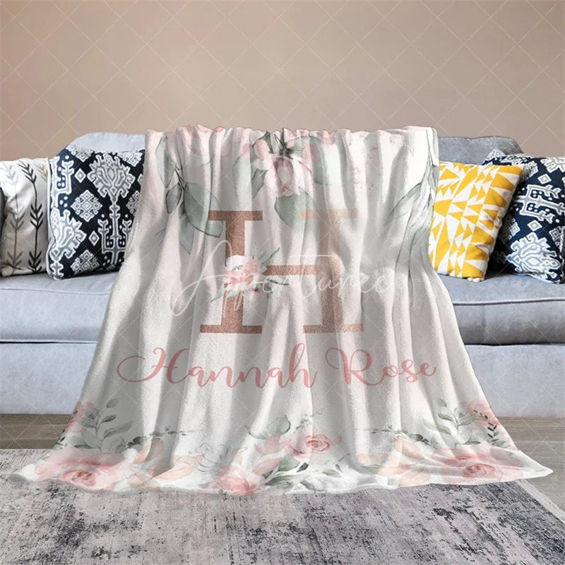 Aperturee - Aperturee Personalized Monogram Blanket for Girl Custom Initial H Pink Rose Floral Nursery Decor Swaddle