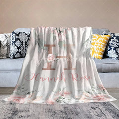 Aperturee - Aperturee Personalized Monogram Blanket for Girl Custom Initial H Pink Rose Floral Nursery Decor Swaddle