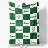Aperturee - Aperturee Personalized Name Blanket for Boy Custom Green Checkered Lightning Bolt Retro Modern Nursery Decor