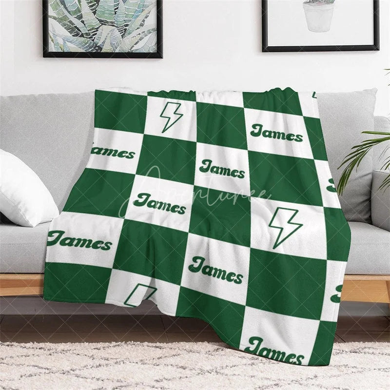 Aperturee - Aperturee Personalized Name Blanket for Boy Custom Green Checkered Lightning Bolt Retro Modern Nursery Decor