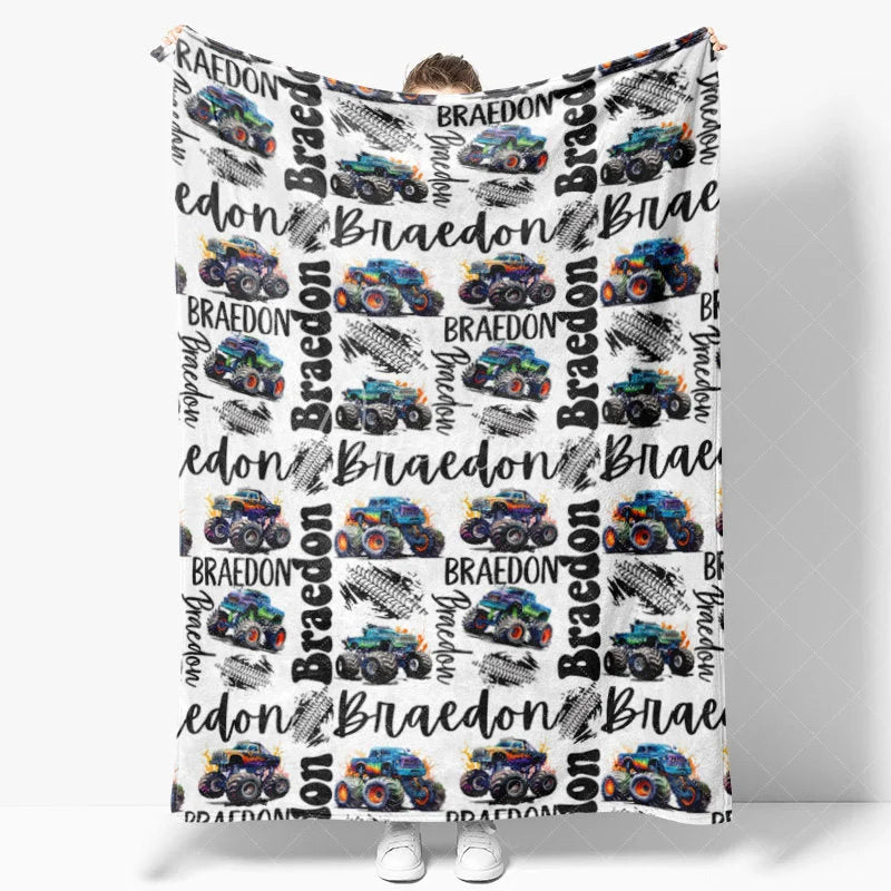 Aperturee - Aperturee Personalized Name Blanket for Boy Custom Monster Truck Baby Blanket Racing Car Nursery Decor Swaddle