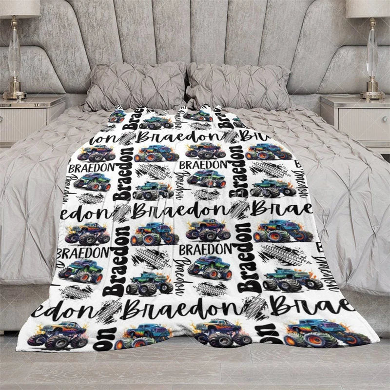 Aperturee - Aperturee Personalized Name Blanket for Boy Custom Monster Truck Baby Blanket Racing Car Nursery Decor Swaddle