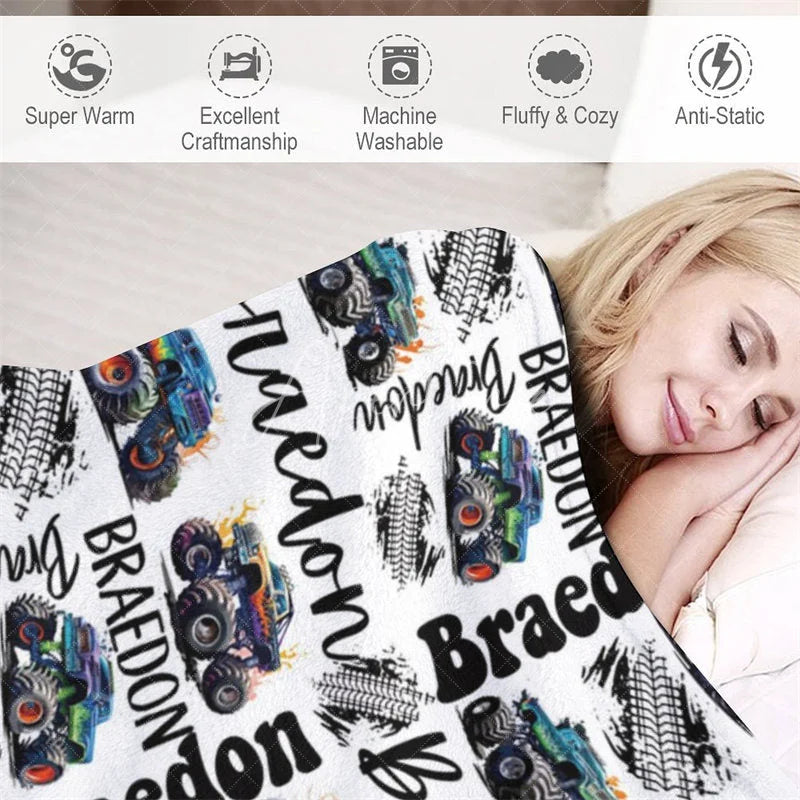 Aperturee - Aperturee Personalized Name Blanket for Boy Custom Monster Truck Baby Blanket Racing Car Nursery Decor Swaddle