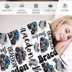 Aperturee - Aperturee Personalized Name Blanket for Boy Custom Monster Truck Baby Blanket Racing Car Nursery Decor Swaddle