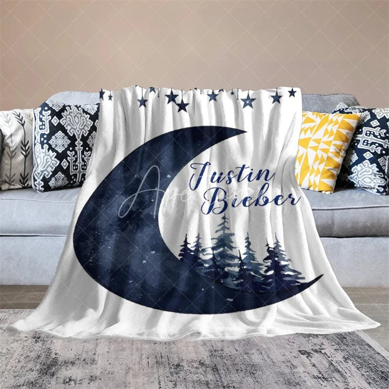 Aperturee - Aperturee Personalized Name Blanket for Boy Custom Moon and Stars Navy Blue Pine Trees Nursery Decor Swaddle
