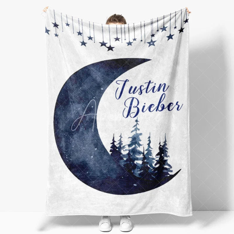 Aperturee - Aperturee Personalized Name Blanket for Boy Custom Moon and Stars Navy Blue Pine Trees Nursery Decor Swaddle