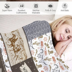 Aperturee - Aperturee Personalized Name Blanket for Boy Custom Western Cowboy Patchwork Rustic Wild West Nursery Decor