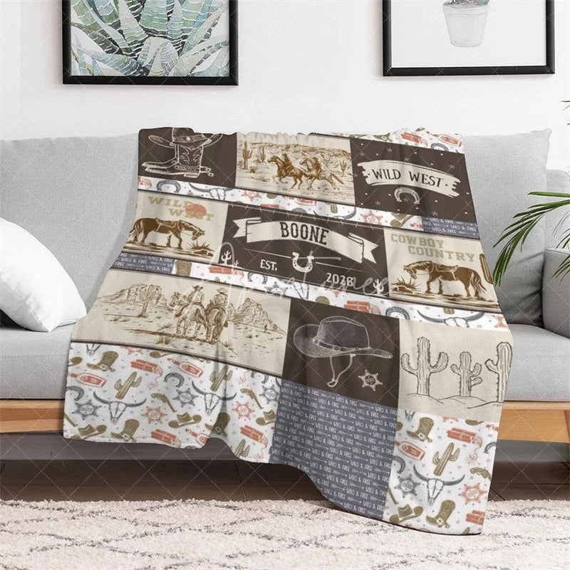 Aperturee - Aperturee Personalized Name Blanket for Boy Custom Western Cowboy Patchwork Rustic Wild West Nursery Decor