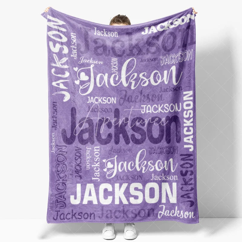 Aperturee - Aperturee Personalized Name Blanket for Boy or Girl Custom Word Cloud Typography Purple Blue Nursery Swaddle