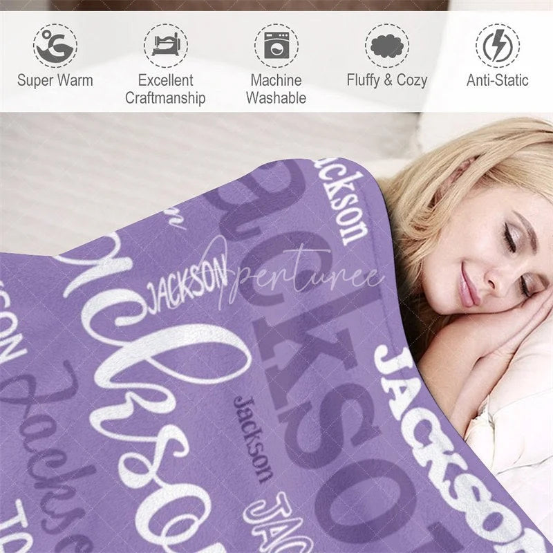 Aperturee - Aperturee Personalized Name Blanket for Boy or Girl Custom Word Cloud Typography Purple Blue Nursery Swaddle