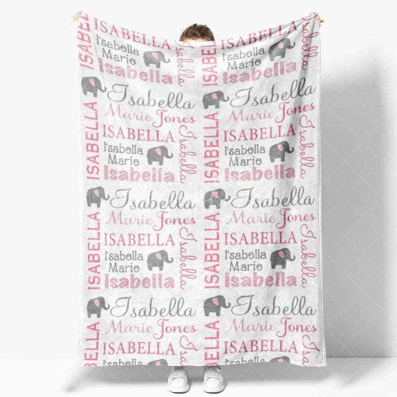 Aperturee - Aperturee Personalized Name Blanket for Girl Custom Baby Blanket with Elephant Pink and Grey Nursery Decor Swaddle